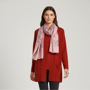 Dress Barn rust colored sweater w pockets paired with Vintage Gim Renoir scarf